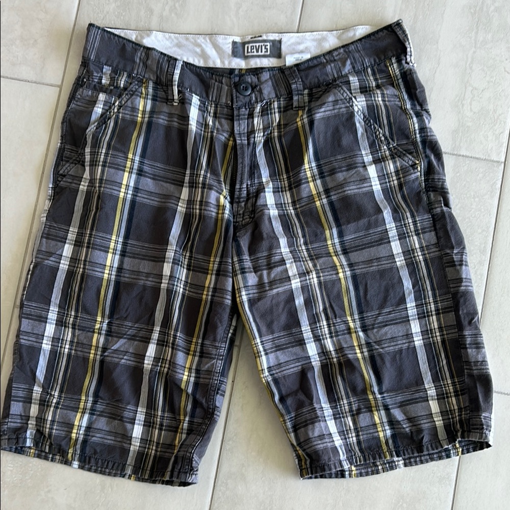 Levi's 100% Cotton Black, Gray & Yellow Plaid Shorts - Size 34 Waist-11” Inseam